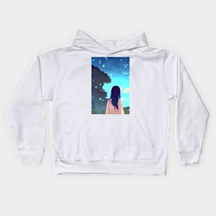 Cute Anime Girl Blue Spark Lights Castle Landscape Kids Hoodie